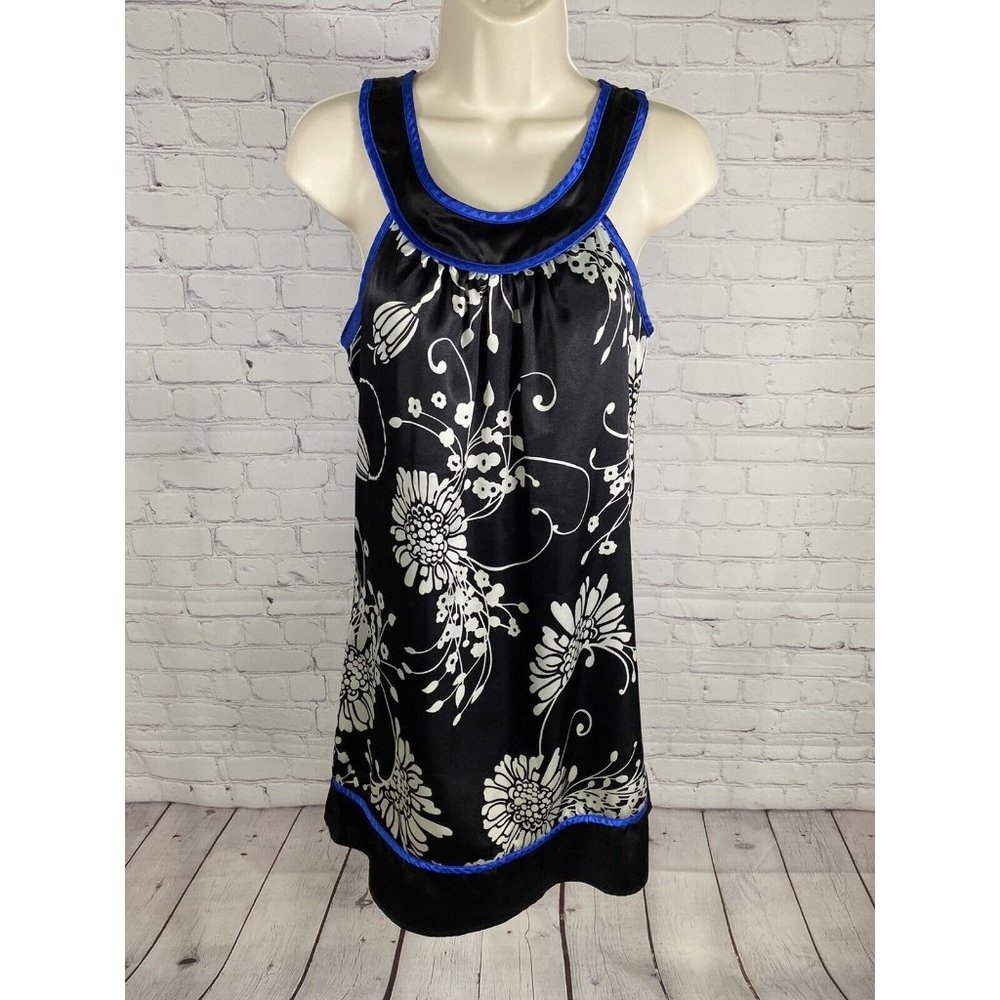 VTG Ruby Rox Black White Blue Satin Floral Sleeveless Tent Mini Dress XS